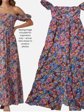 NEW Ky Derby Pink Ditsy Floral Maxi Dress Strapless/Off Shoulder Button Front L
